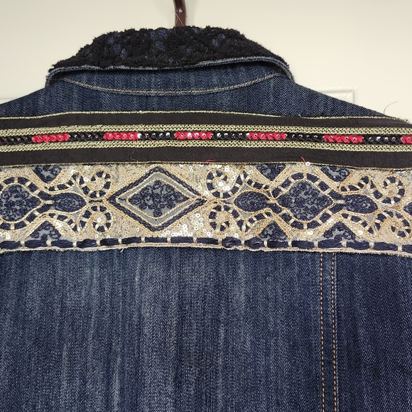 Blue Denim Embroidered Jean Jacket, Black Crocheted Lace Sleeves BOHO by MISHCA - Picture 5 of 7